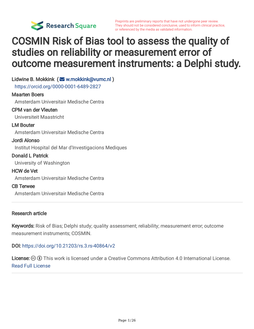 PDF) COSMIN Risk of Bias tool to assess the quality of studies on ...