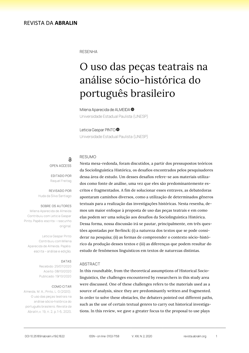 Pdf O Uso Das Peças Teatrais Na Análise Sócio Histórica Do Português Brasileiro 3607