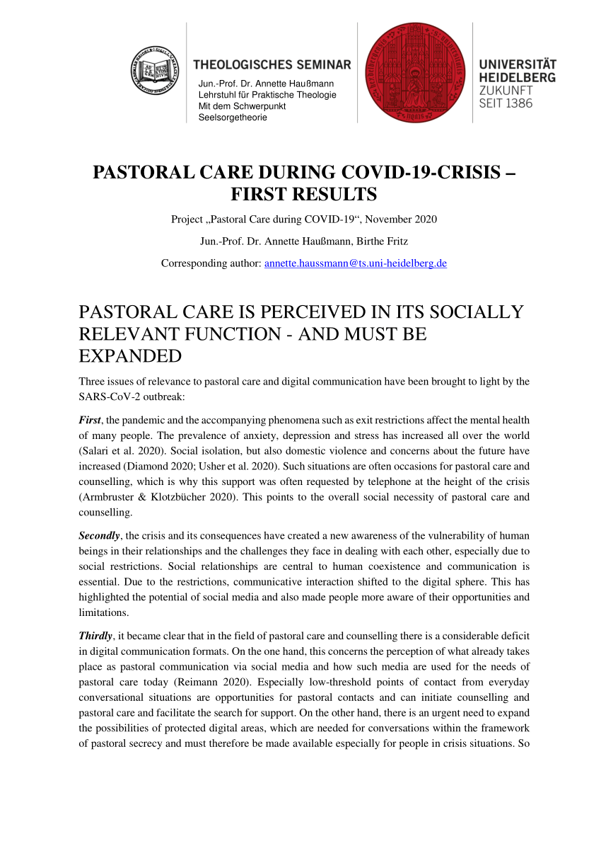 Pdf Pastoral Care During Covid 19 Crisis First Results