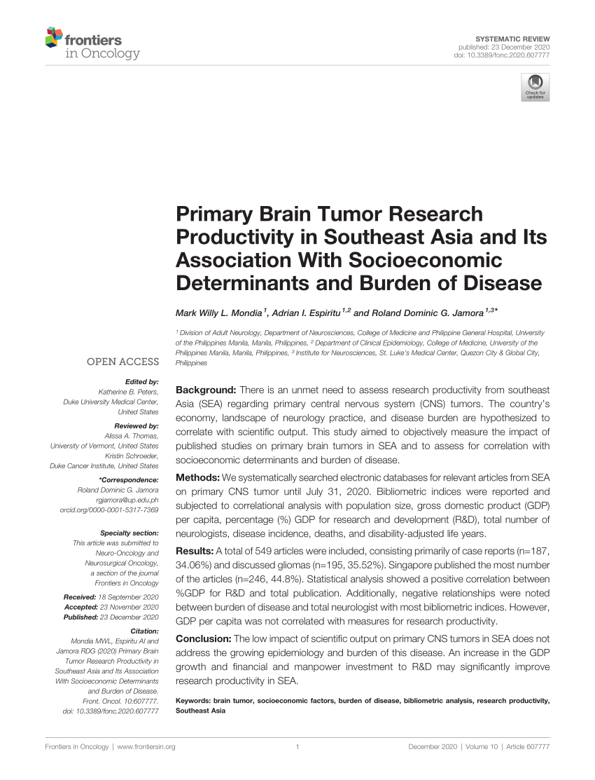 Pdf Primary Brain Tumor Research Productivity In Southeast Asia And Its Association With Socioeconomic Determinants And Burden Of Disease