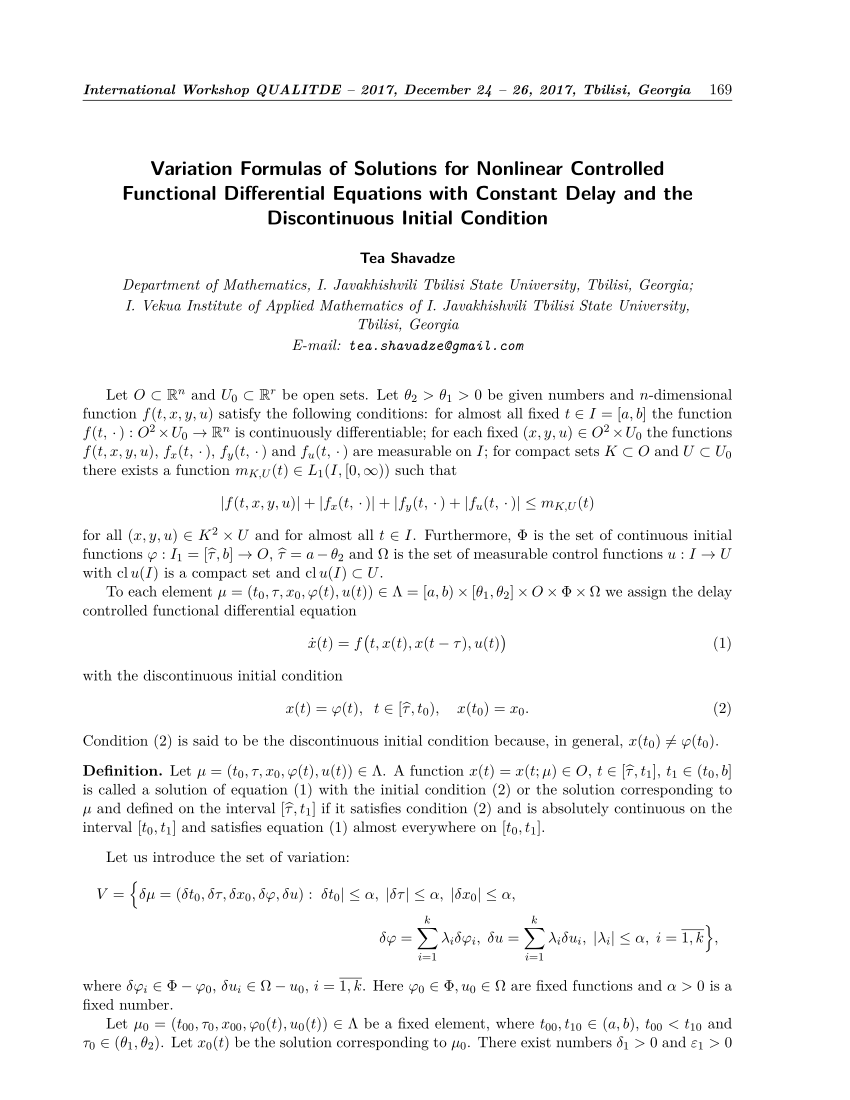 Pdf Variation Formulas Of Solutions For Nonlinear Controlled Functional Differential Equations With Constant Delay And The Discontinuous Initial Condition