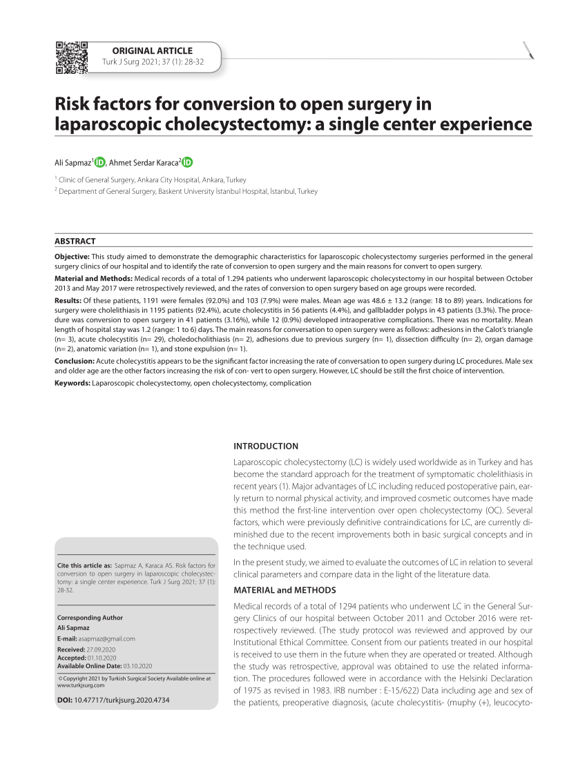 Pdf Risk Factors For Conversion To Open Surgery In Laparoscopic Cholecystectomy A Single 8389