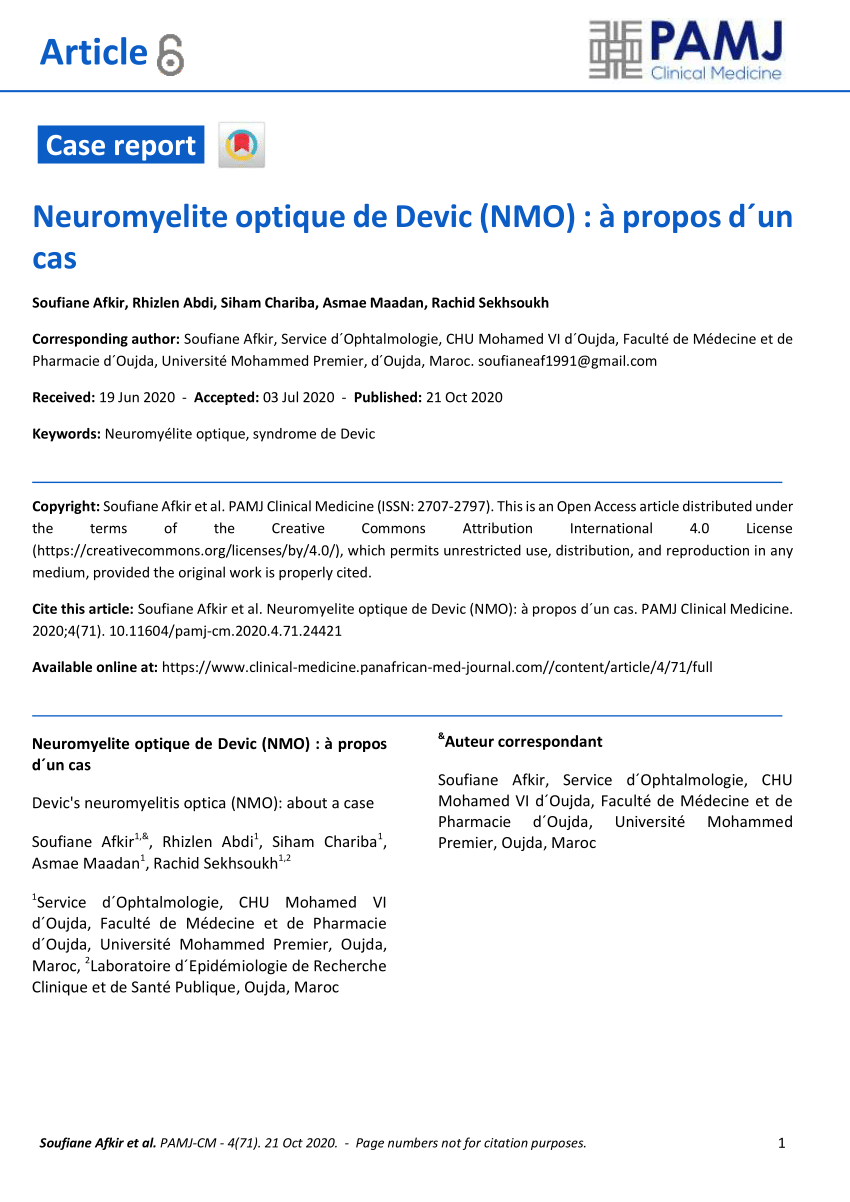 PDF) Neuromyelite optique de devic (nmo) (à propos d'un cas)