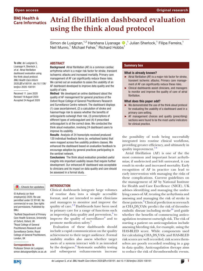 Pdf Atrial Fibrillation Dashboard Evaluation Using The Think Aloud Protocol