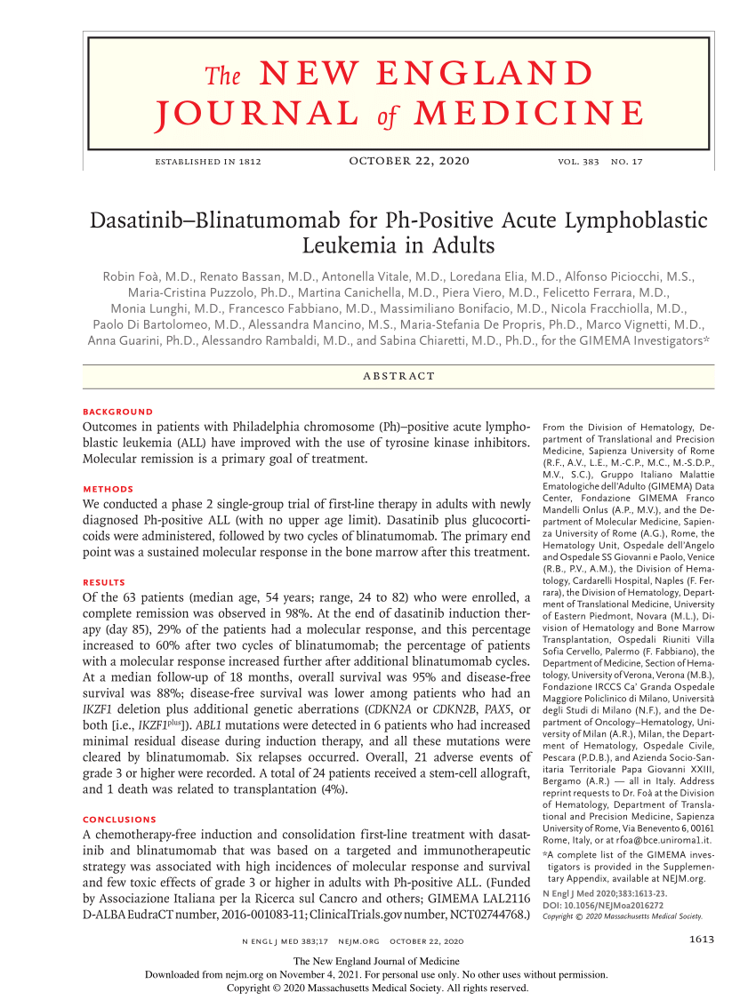 PDF) Dasatinib–Blinatumomab for Ph-Positive Acute Lymphoblastic Leukemia in Adults image