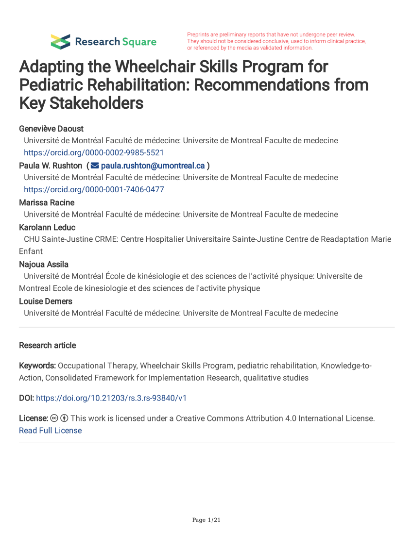 PDF) Adapting the Wheelchair Skills Program for Pediatric ...