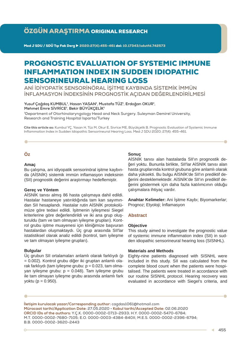 PDF Ani İdiyopatik Sensorinöral İşitme Kaybında Sistemik İmmün  