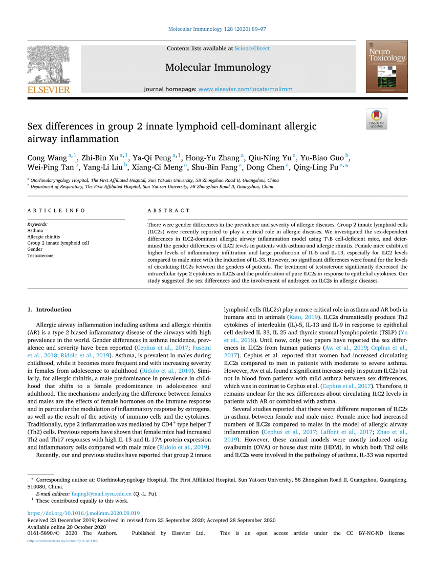 Pdf Sex Differences In Group 2 Innate Lymphoid Cell Dominant Allergic Airway Inflammation 