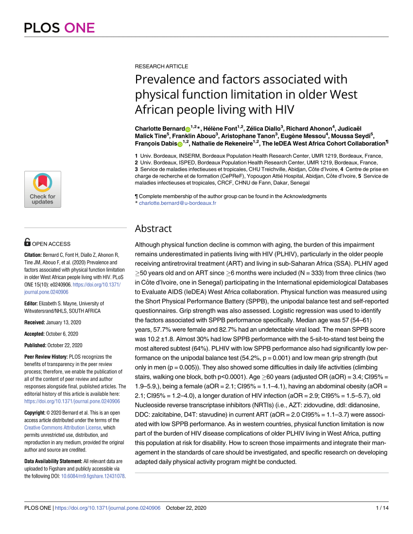 Pdf Prevalence And Factors Associated With Physical Function Limitation In Older West African People Living With Hiv