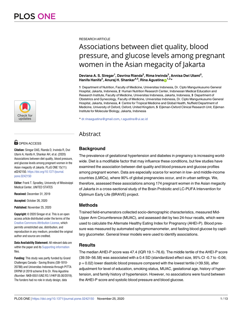 Pdf Associations Between Diet Quality Blood Pressure And Glucose Levels Among Pregnant Women In The Asian Megacity Of Jakarta