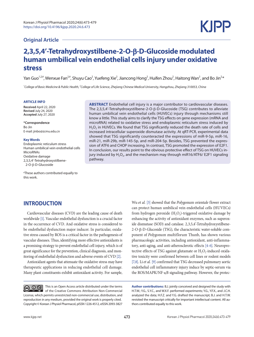 Pdf 2 3 5 4 Tetrahydroxystilbene 2 O B D Glucoside Modulated Human Umbilical Vein Endothelial Cells Injury Under Oxidative Stress