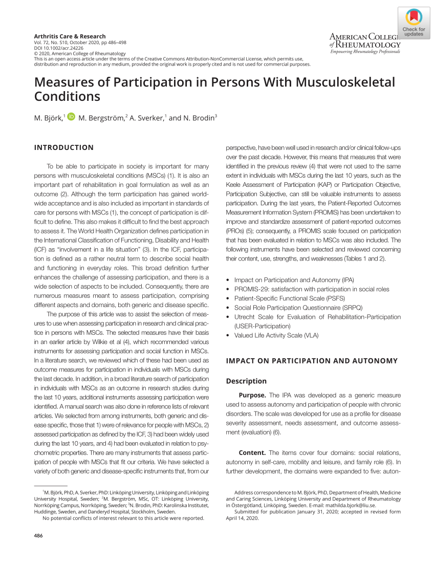Pdf Measures Of Participation In Persons With Musculoskeletal Conditions