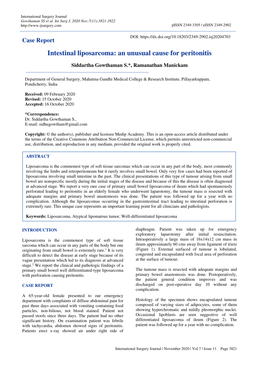 PDF) Intestinal liposarcoma: an unusual cause for peritonitis