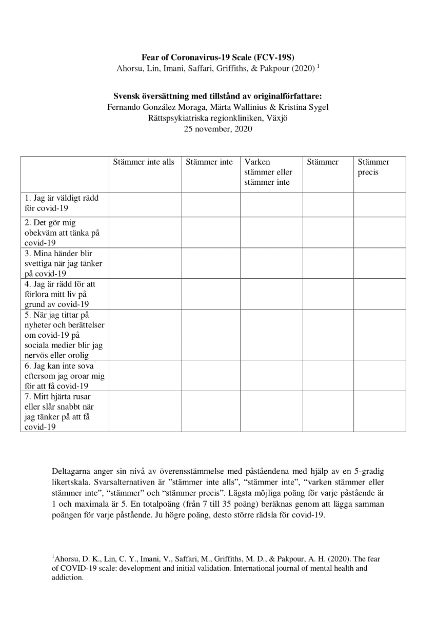 Pdf The Fear Of Covid 19 Scale Fcv 19s Svensk Oversattning