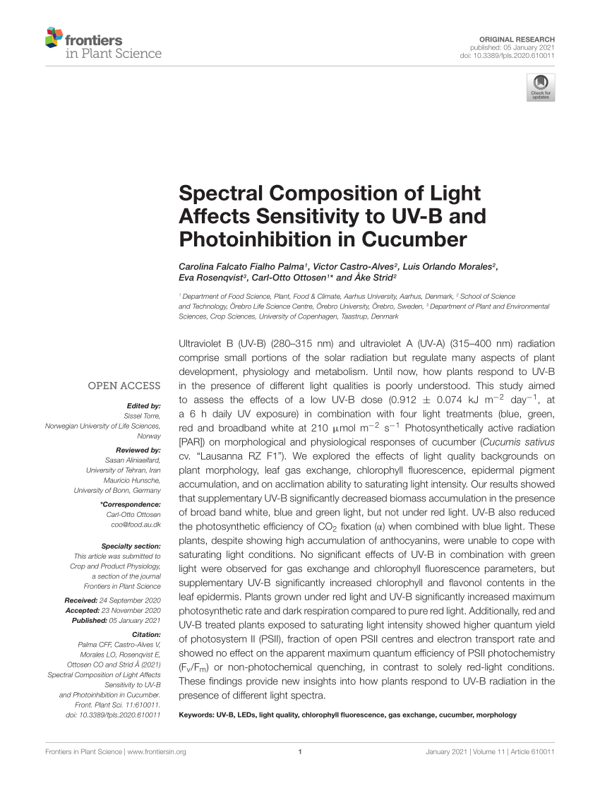 Pdf Spectral Composition Of Light Affects Plant Sensitivity To Uv B And Photoinhibition In Cucumber