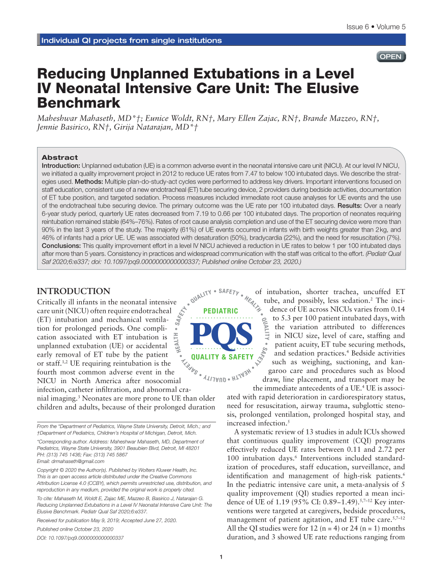 Pdf Reducing Unplanned Extubations In A Level Iv Neonatal Intensive Care Unit The Elusive