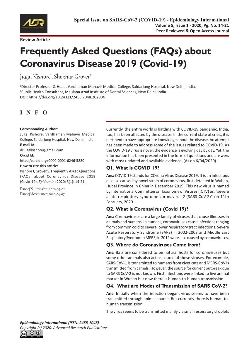 PDF) Frequently Asked Questions (FAQs) about Coronavirus Disease 2019 (Covid -19)