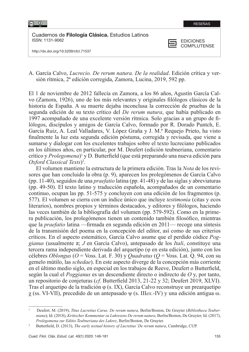 PDF) Review of: A. García Calvo, Lucrecio. De rerum natura. De la realidad.  Edición crítica y versión rítmica, 2ª edición corregida, Zamora, Lucina,  2019