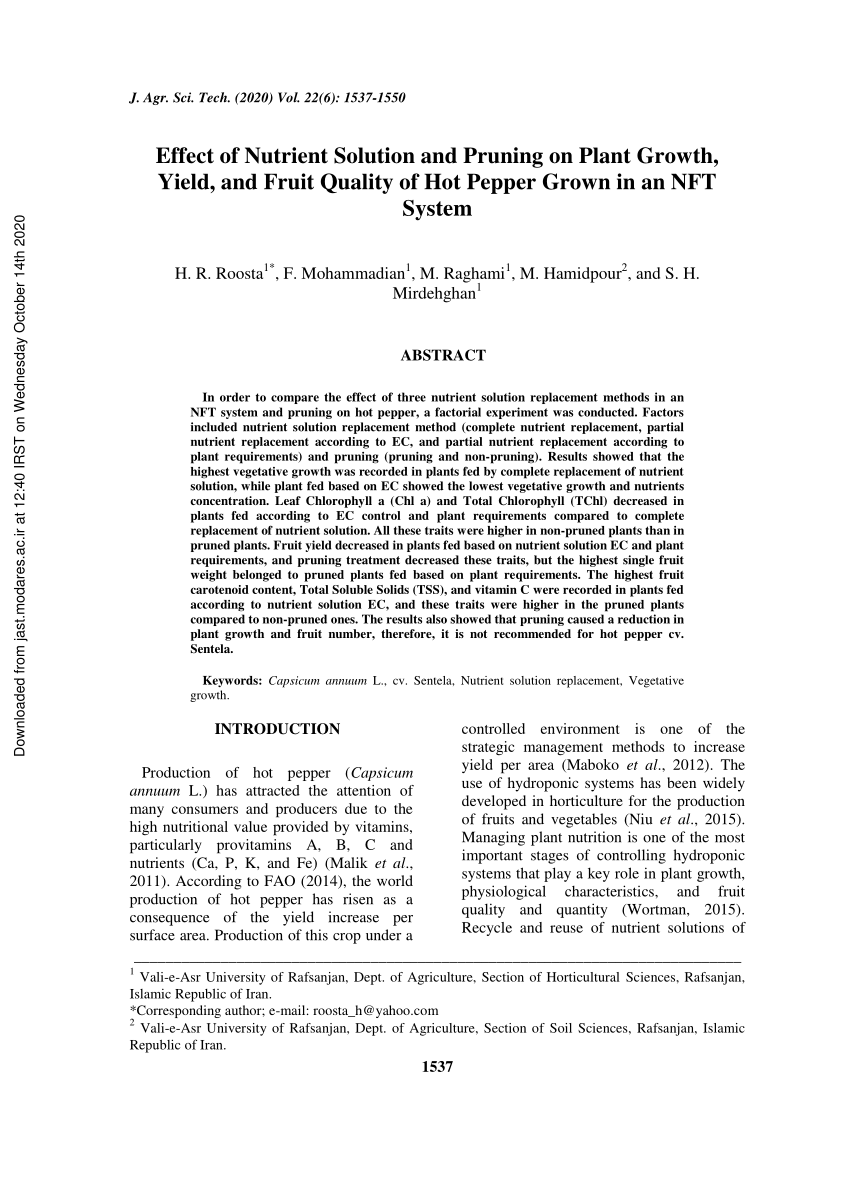 Pdf Effect Of Nutrient Solution And Pruning On Plant Growth Yield And Fruit Quality Of Hot Pepper Grown In An Nft System