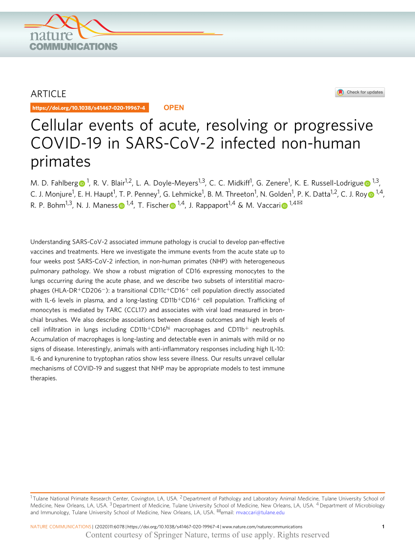 Pdf Cellular Events Of Acute Resolving Or Progressive Covid 19 In Sars Cov 2 Infected Non Human Primates
