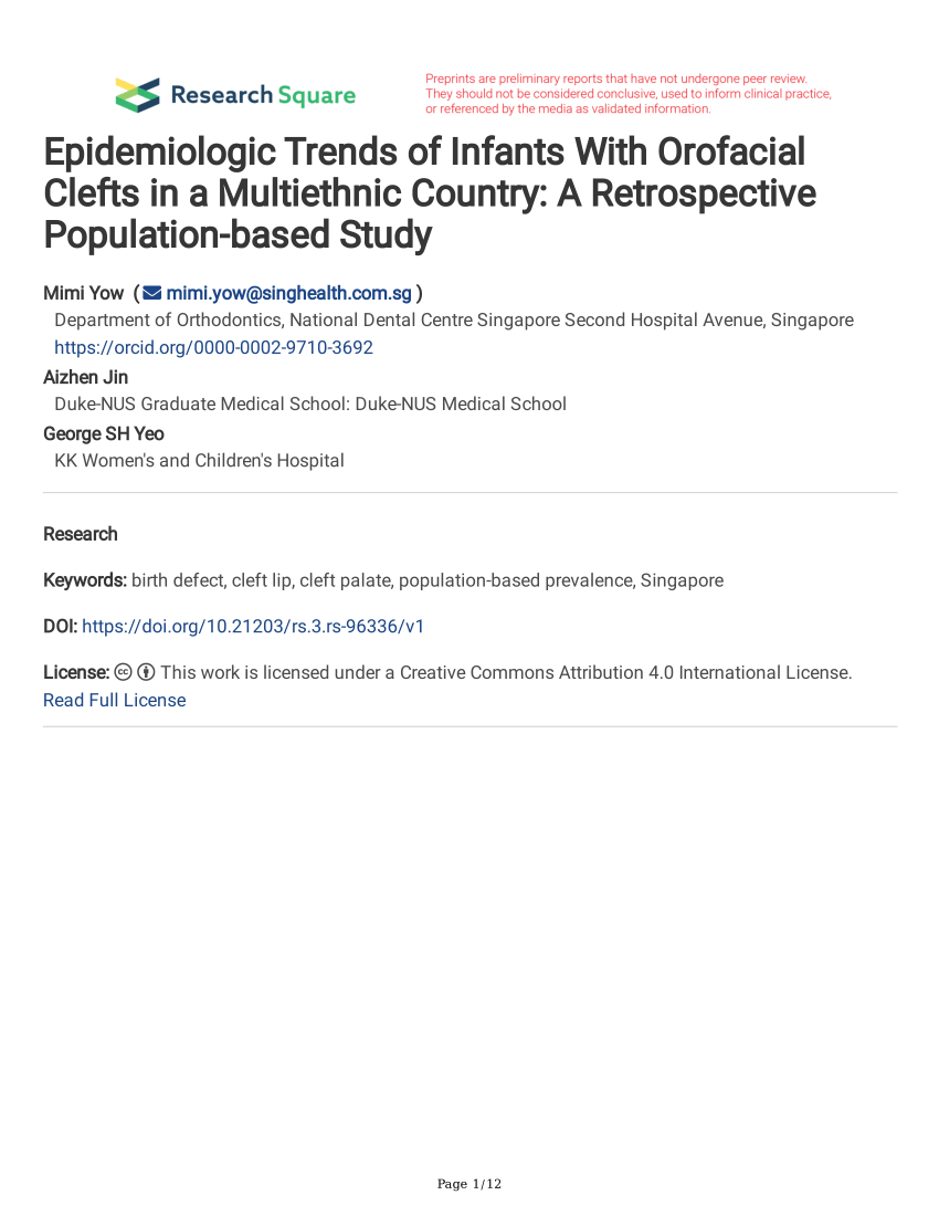 PDF) Epidemiologic trends of infants with orofacial clefts in a multiethnic  country: a retrospective population-based study