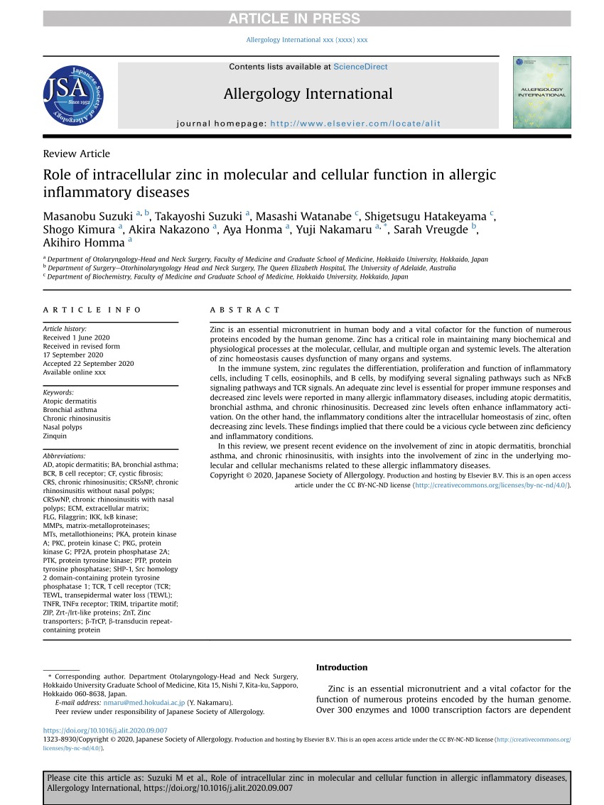 Pdf Role Of Intracellular Zinc In Molecular And Cellular Function In Allergic Inflammatory Diseases