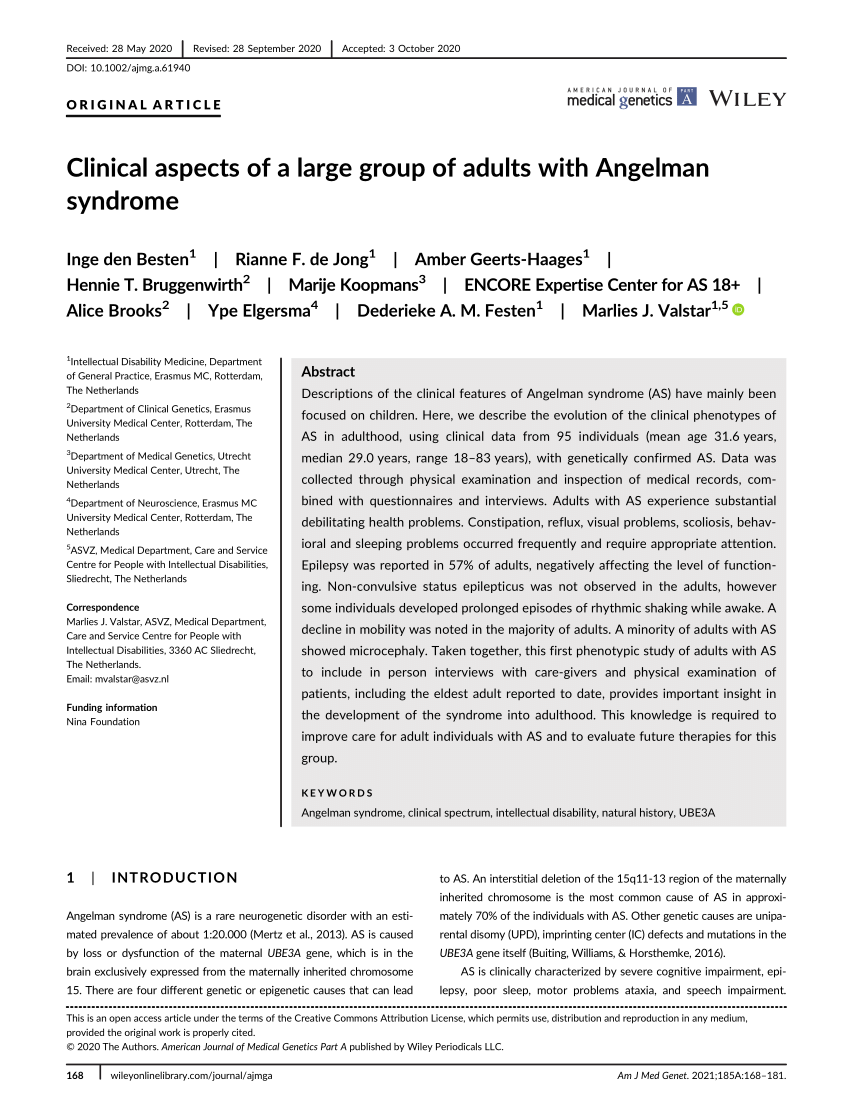 Pdf Clinical Aspects Of A Large Group Of Adults With Angelman Syndrome