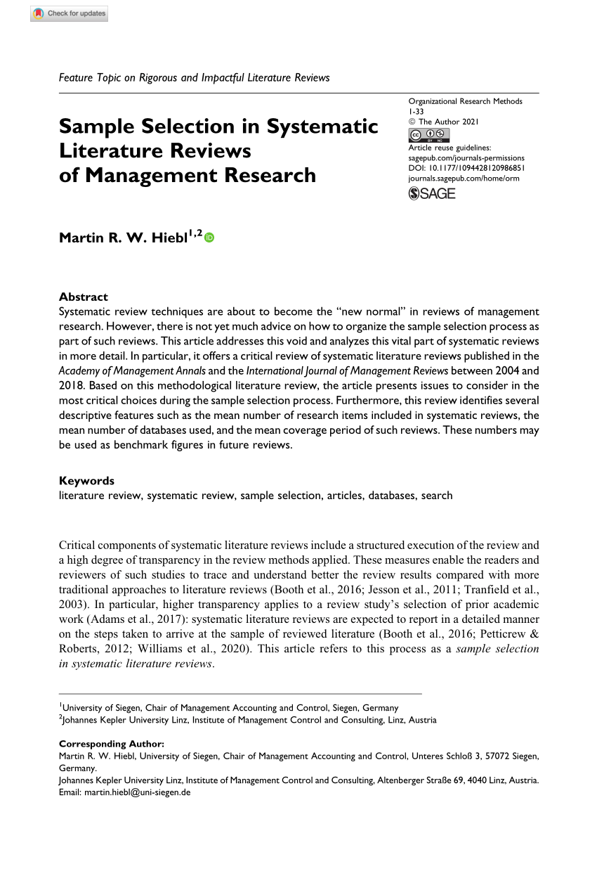 sample selection in systematic literature reviews of management research
