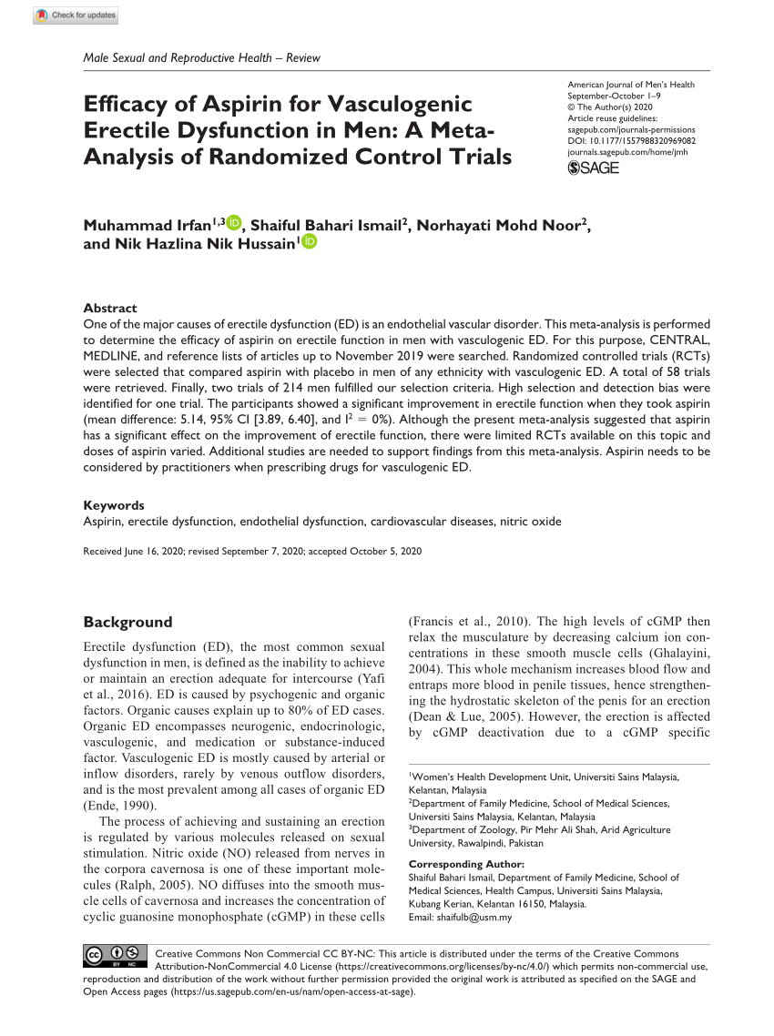 PDF Efficacy of Aspirin for Vasculogenic Erectile Dysfunction in