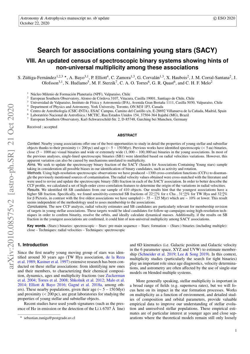 Pdf Search For Associations Containing Young Stars Sacy Viii An Updated Census Of Spectroscopic Binary Systems Showing Hints Of Non Universal Multiplicity Among These Associations