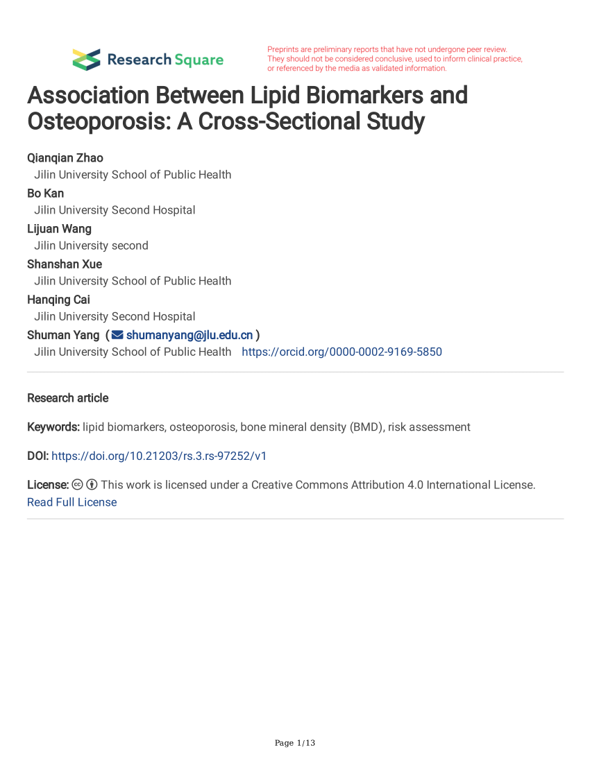Pdf Association Between Lipid Biomarkers And Osteoporosis A Cross Sectional Study