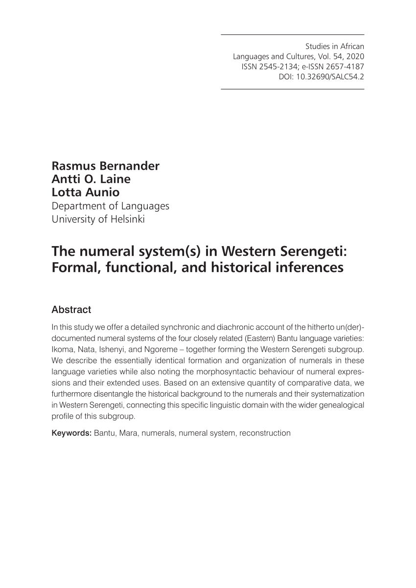 Pdf The Numeral System S In Western Serengeti Formal Functional And Historical Inferences