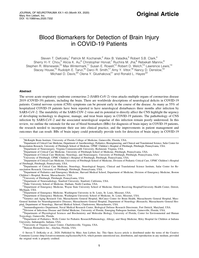 PDF) Blood Biomarkers for Detection of Brain Injury in COVID-19 
