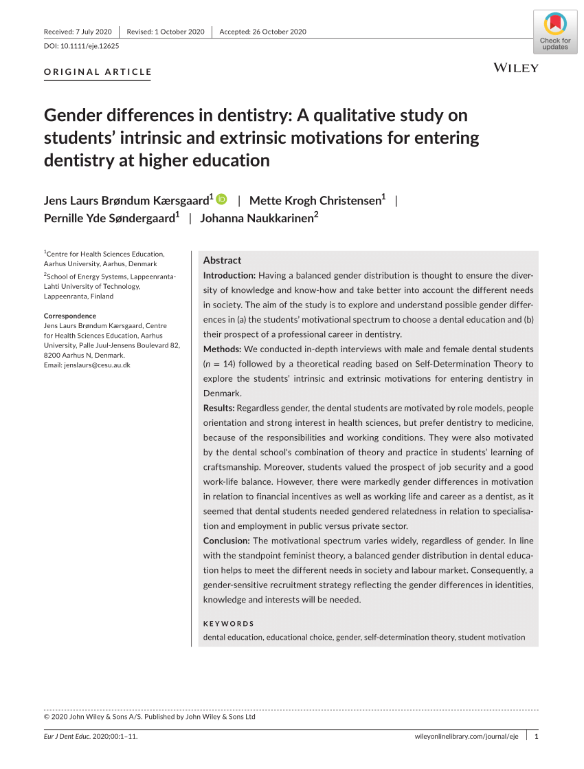 bredde dansk Kælder PDF) Gender differences in dentistry: A qualitative study on students'  intrinsic and extrinsic motivations for entering dentistry at higher  education