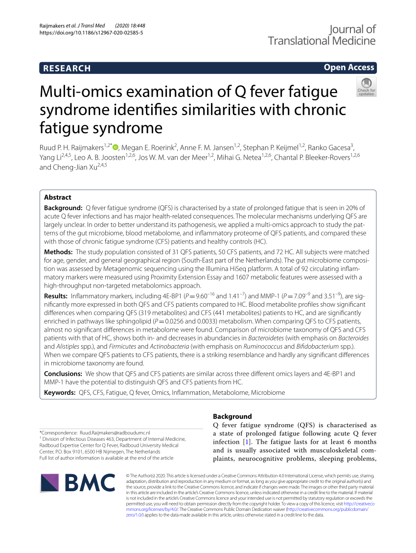 PDF) Multi-omics examination of Q fever fatigue syndrome identifies  similarities with chronic fatigue syndrome