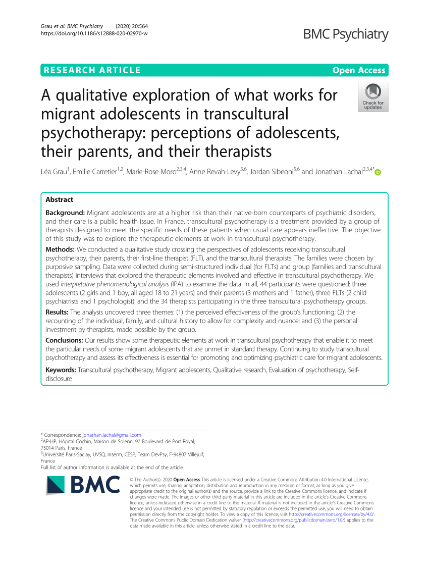 Pdf A Qualitative Exploration Of What Works For Migrant Adolescents In Transcultural Psychotherapy Perceptions Of Adolescents Their Parents And Their Therapists