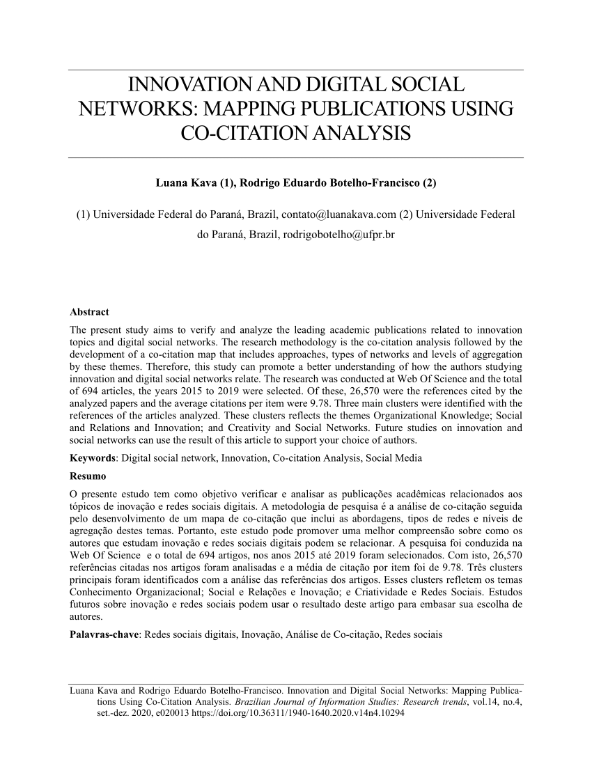 Pdf Innovation And Digital Social Networks Mapping Publications Using Co Citation Analysis