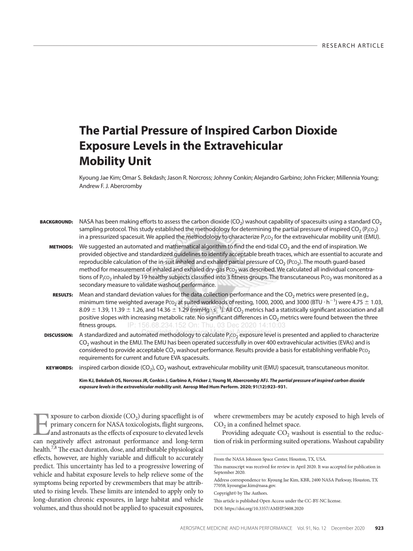 Pdf The Partial Pressure Of Inspired Carbon Dioxide Exposure Levels In The Extravehicular Mobility Unit