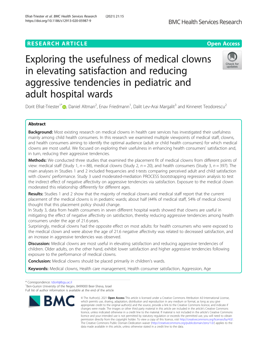 (PDF) Exploring the Usefulness of Medical Clowns in Elevating Satisfaction  and Reducing Aggressive Tendencies in Pediatric and Adult Hospital Wards