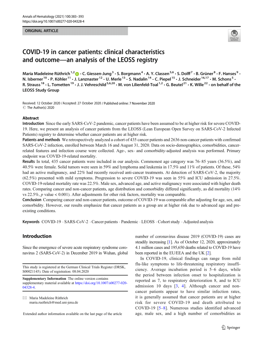 Pdf Covid 19 In Cancer Patients Clinical Characteristics And Outcome An Analysis Of The Leoss Registry
