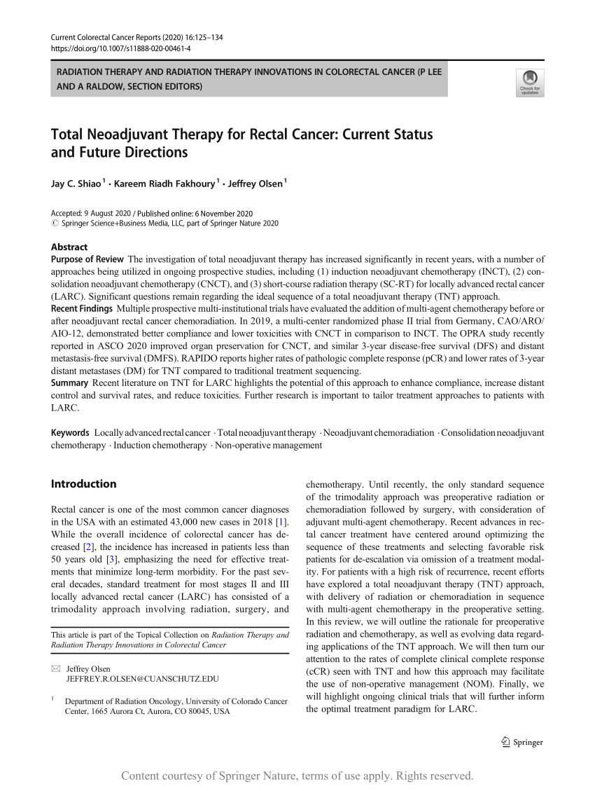 Total Neoadjuvant Therapy For Rectal Cancer Current Status And Future Directions Request Pdf