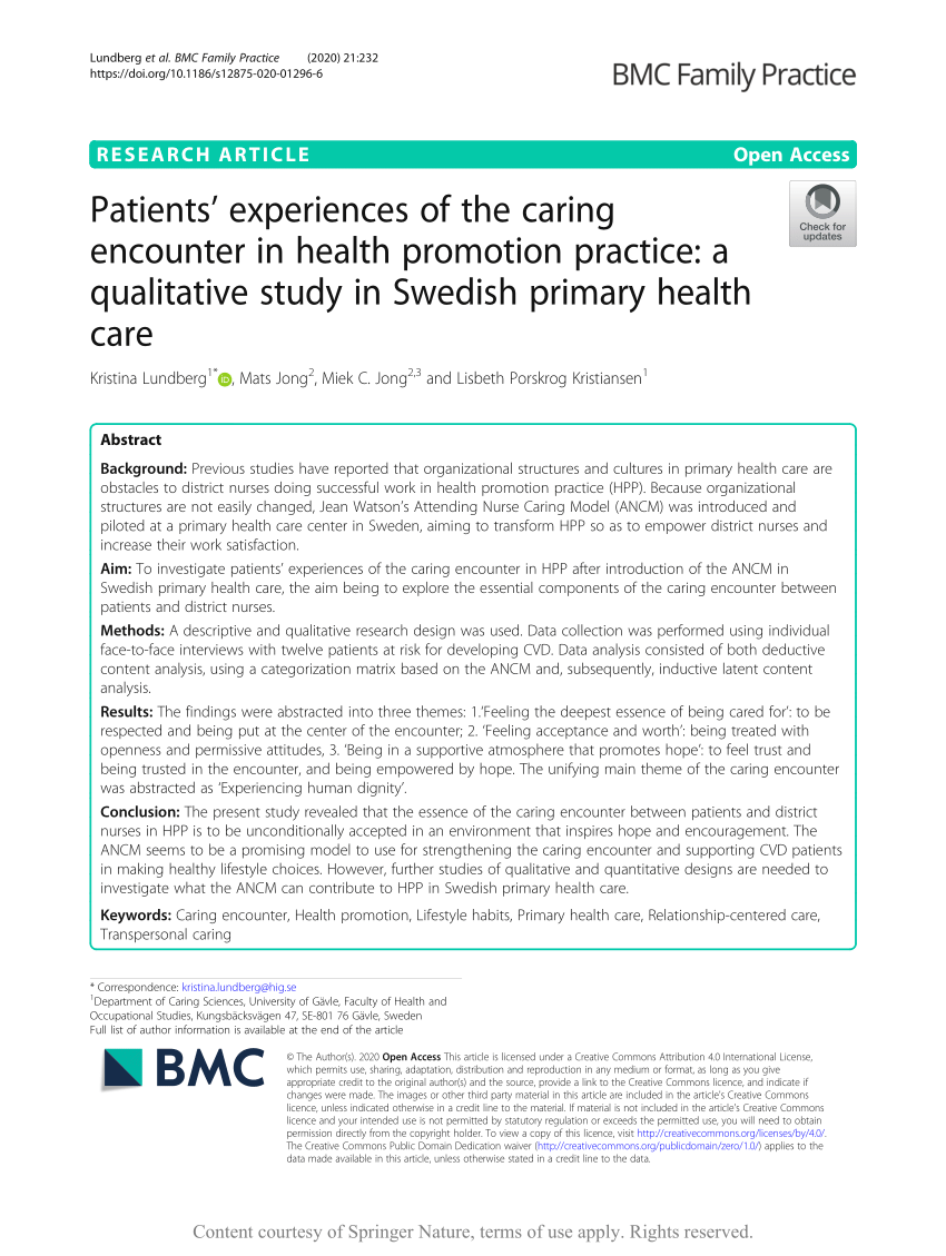 Pdf Patients Experiences Of The Caring Encounter In Health Promotion Practice A Qualitative Study In Swedish Primary Health Care