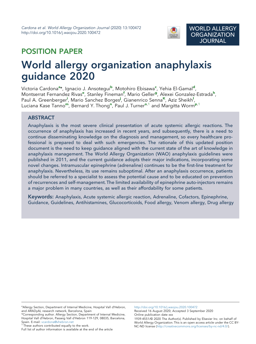 Pdf World Allergy Organization Anaphylaxis Guidance