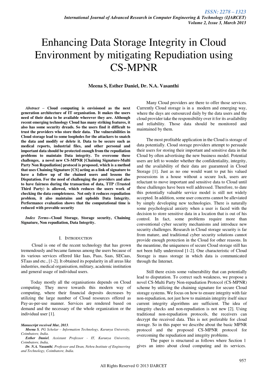 Pdf Enhancing Data Storage Integrity In Cloud Environment By Mitigating Repudiation Using Cs Mpnr