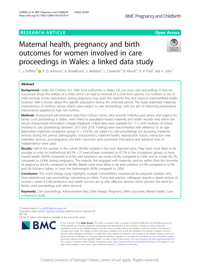 Pdf Maternal Health Pregnancy And Birth Outcomes For Women Involved In Care Proceedings In Wales A Linked Data Study