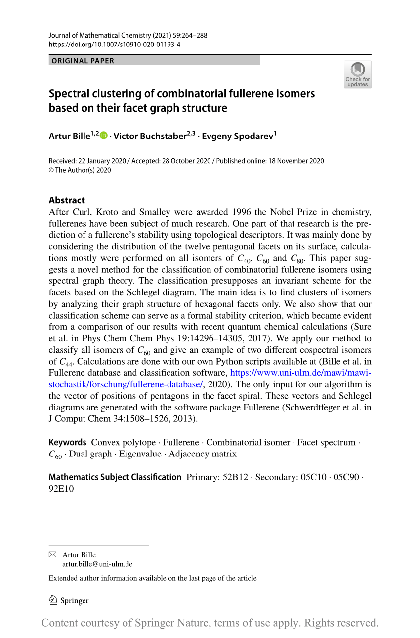 Pdf Spectral Clustering Of Combinatorial Fullerene Isomers Based On Their Facet Graph Structure