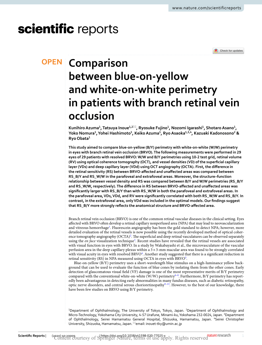 Pdf Comparison Between Blue On Yellow And White On White Perimetry In Patients With Branch Retinal Vein Occlusion