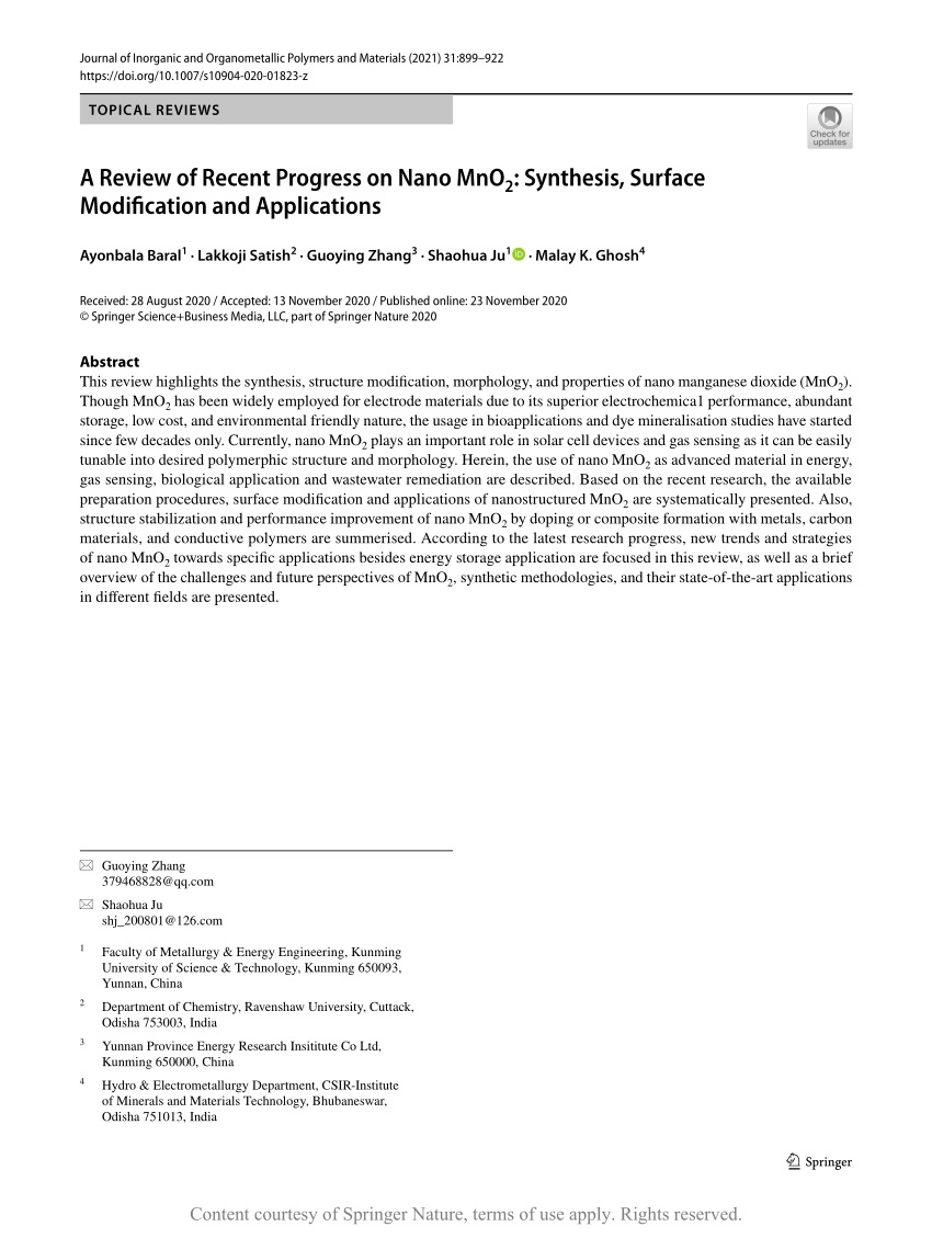 A Review Of Recent Progress On Nano Mno2 Synthesis Surface Modification And Applications Request Pdf