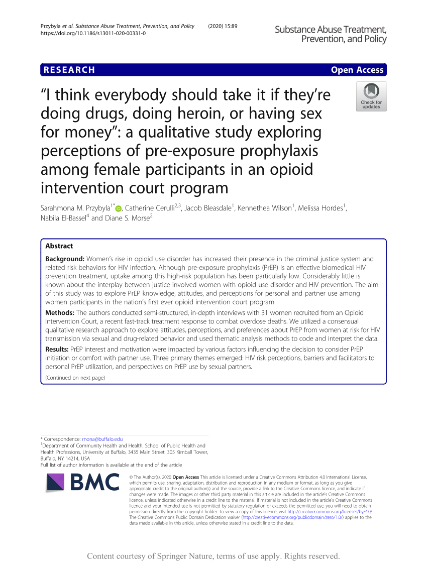 PDF) “I think everybody should take it if theyre doing drugs, doing heroin, or having sex for money” a qualitative study exploring perceptions of pre-exposure prophylaxis among female participants in an opioid