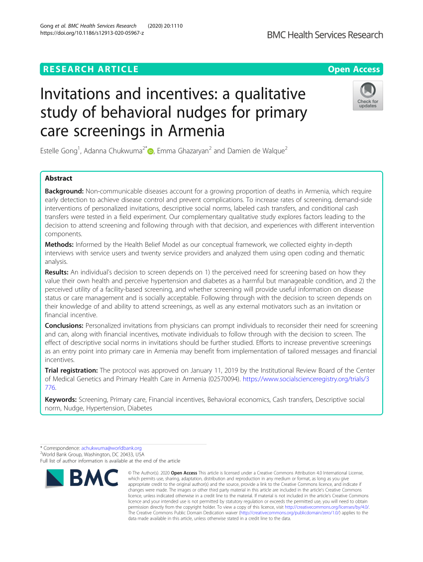 (PDF) Invitations and incentives: a qualitative study of behavioral nudges  for primary care screenings in Armenia